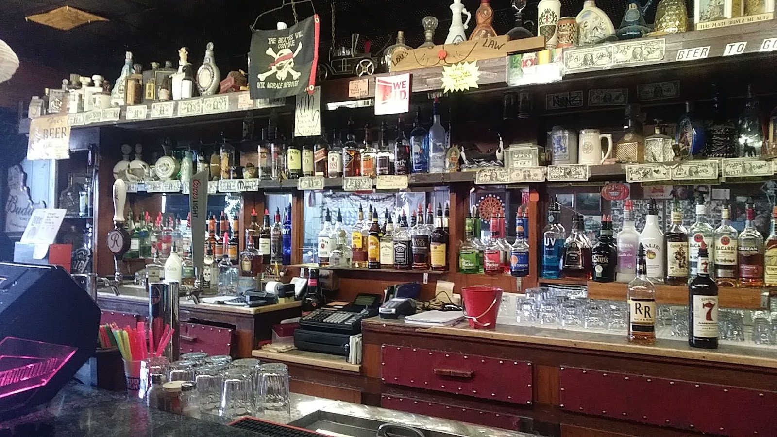 The back bar at the Korner Klub, lined with bottles
